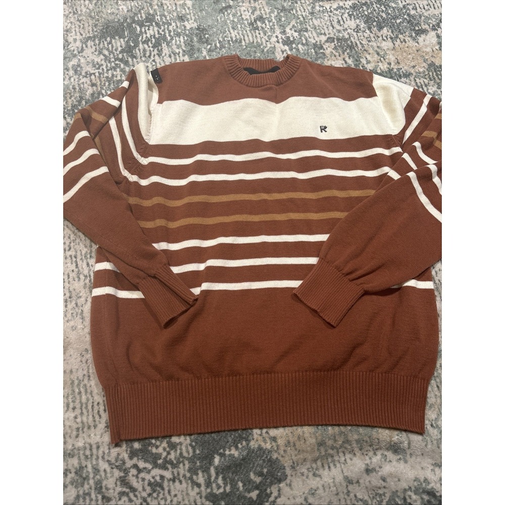 Vintage Rocawear Men's Sweater 2XL Striped Brown White 90s Metal R Logo